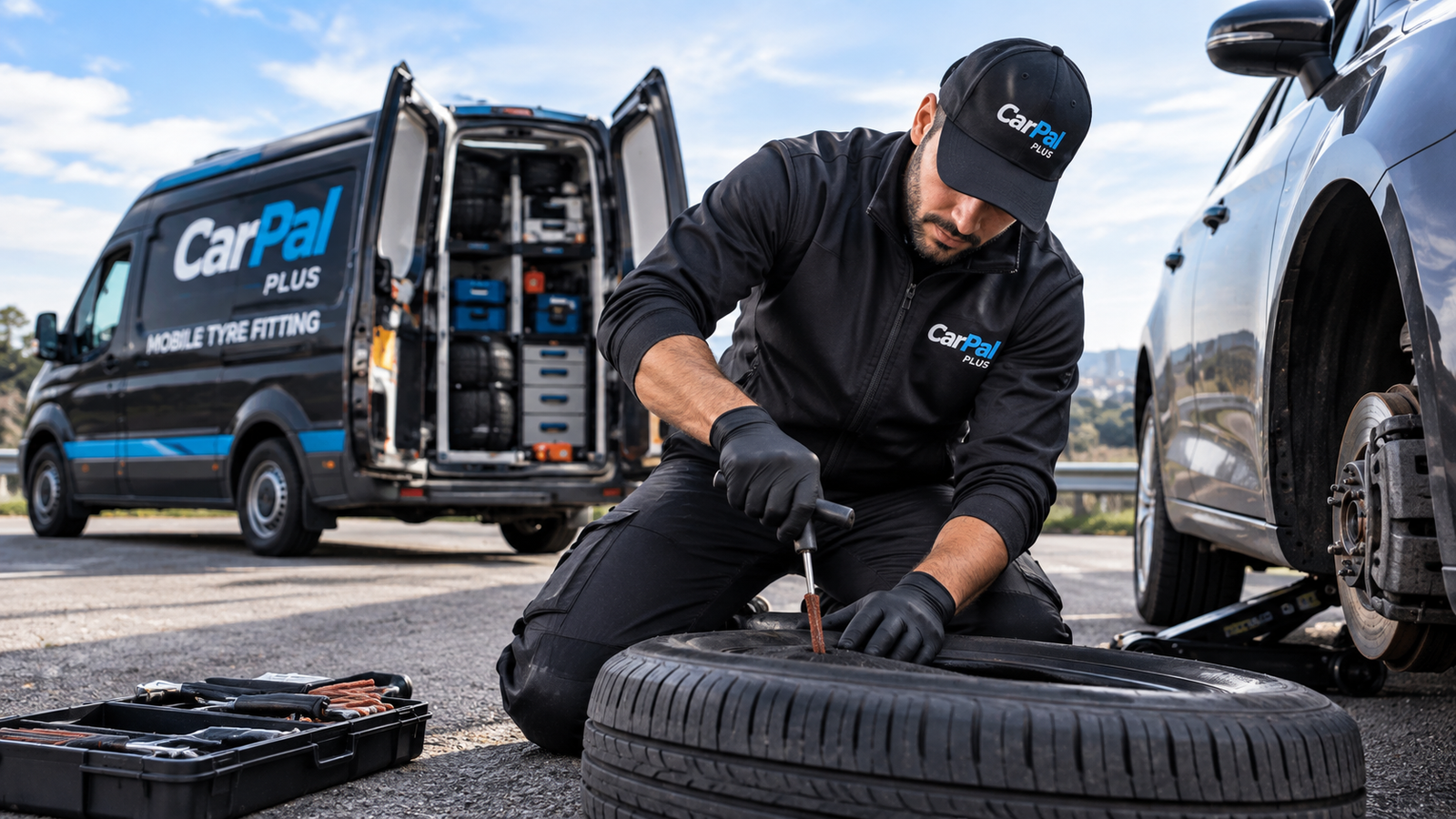 Mobile tyre fitter repairing a wheel roadside next to a branded van