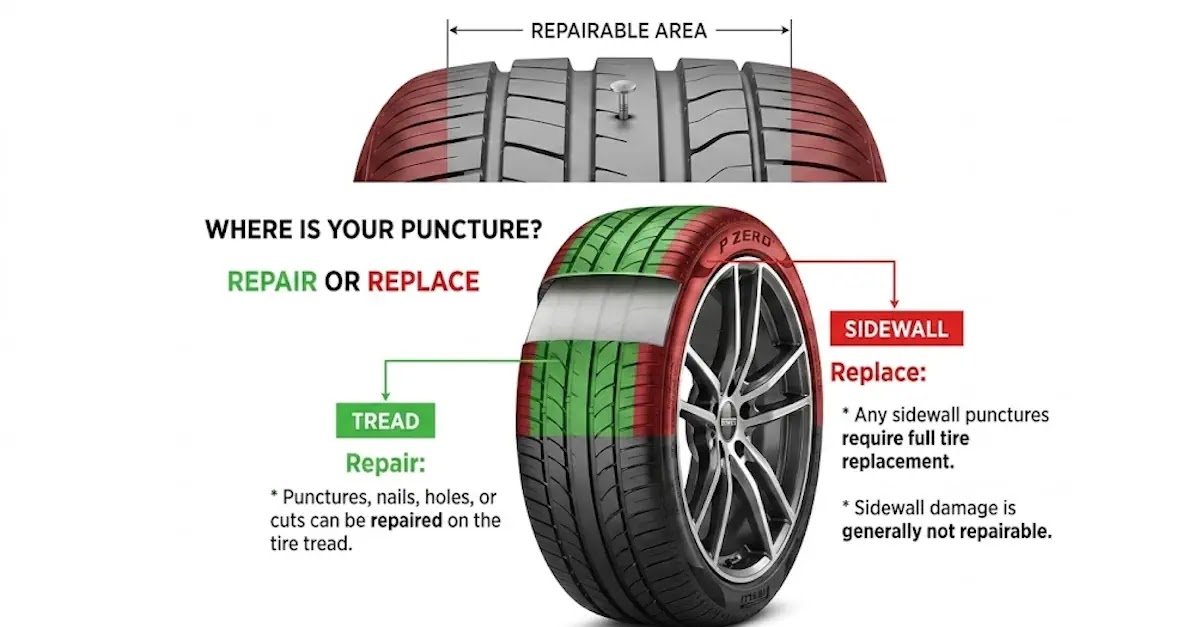 Diagram showing which part of a tyre is repairable versus which requires replacement